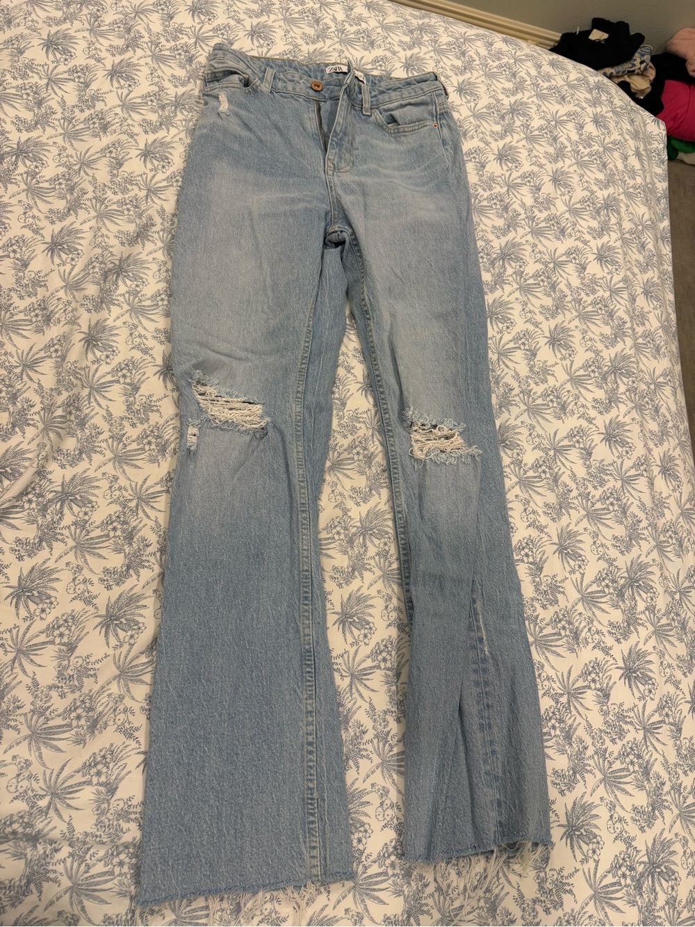 Zara Light Blue Distressed Flare Jeans